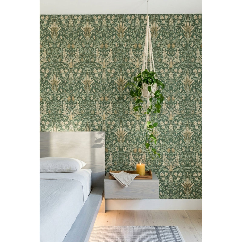 Papier peint vigne damassé rétro vert sauge et crème, Peler et coller