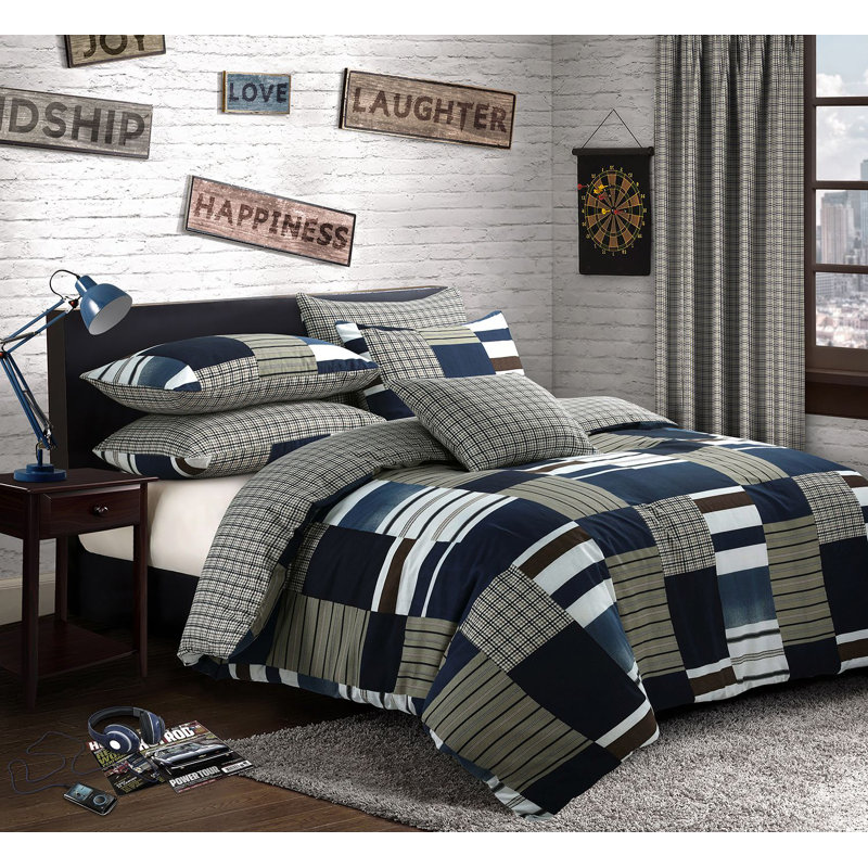 Rasheema Duvet Set, Double - 2 Standard Pillowcases, Navy, Modern Denim Patchwork