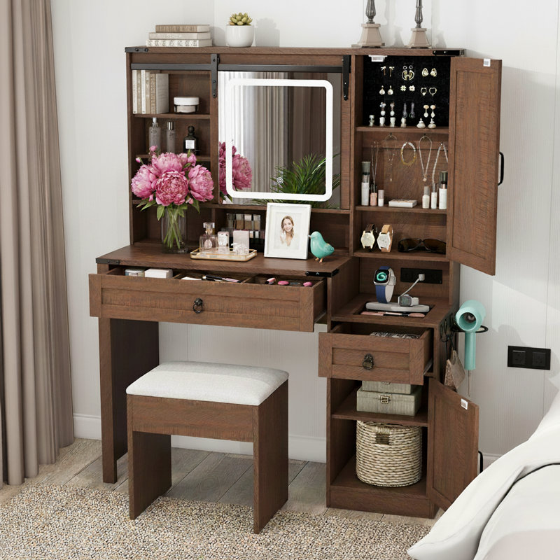 42" Glass Top Farmhouse Vanity Set in Vintage Cocoa with Sliding Lighted Mirror & Charging Station, Brown
