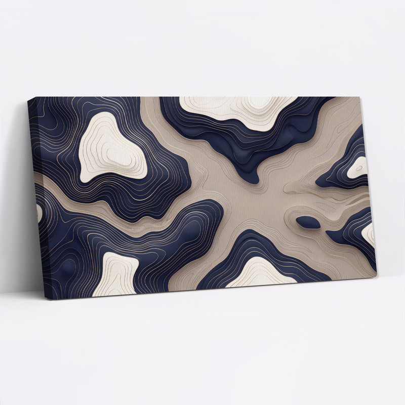 Tableau sur toile aux lignes topographiques bleu marine et beige, L 32 po x H 16 po