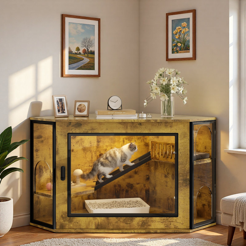 Enceinte d'angle pour litière pour chat avec porte en acrylique, lumière DEL et aire de jeu intégrée pour les maisons modernes