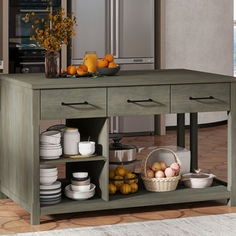 Îlot de cuisine extensible avec rangement, chariot de cuisine multifonctionnel avec prises de courant intégrées, îlot de cuisine rétro sur roulettes avec tiroirs et tablettes ouvertes