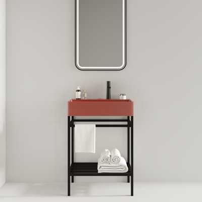 Meuble-lavabo autoportant Saban de 24 po avec lavabo en céramique rouge lustré, pieds en métal ouverts, tablettes de rangement, finition noire, robinet non inclus