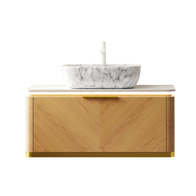 36" Floating Bathroom Vanity With Twill Drawer, Auto - Sensing Lighting, Sintered Stone Top And Basin Multi Layer Plywood Cabinet, Gold Handles, Soft Close Damping System Marble Pattern
