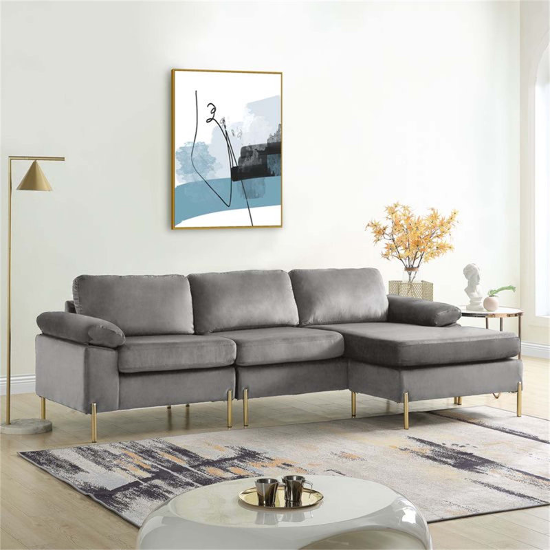 Canapé modulaire en velours avec méridienne Shannon, Gris