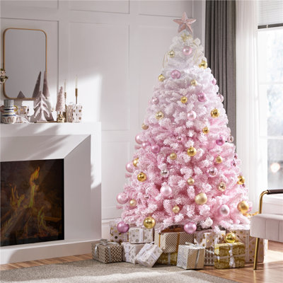 Arbre de Noël artificiel floqué rose avec support pliable