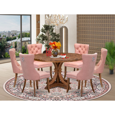 L'ensemble de table de cuisine 7 pièces contient une table de salle à manger et 6 chaises de salle à manger en tissu de polyester rouge beige avec dossier capitonné, noyer antique