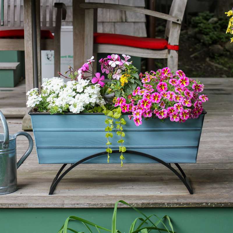 Medium Blue Galvanized Steel Planter Box with Black Iron Stand