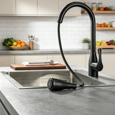 Robinet d'évier de cuisine noir mat à une poignée à grande arche, quatre modes de débit d'eau, douchette extractible monocouche en acier inoxydable.