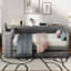 Lit tapissier gris pleine grandeur avec tablettes de rangement, bureau, station de charge et lit gigogne pour une plateforme de séjour confortable avec revêtement, rangement intégré, chambre à coucher écoénergétique-1784555605