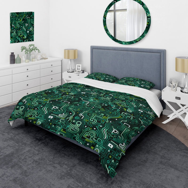 Ensemble de housse de couette Green Techno Fusion Maze II, Housse de couette pour grand lit et 2 taies décor