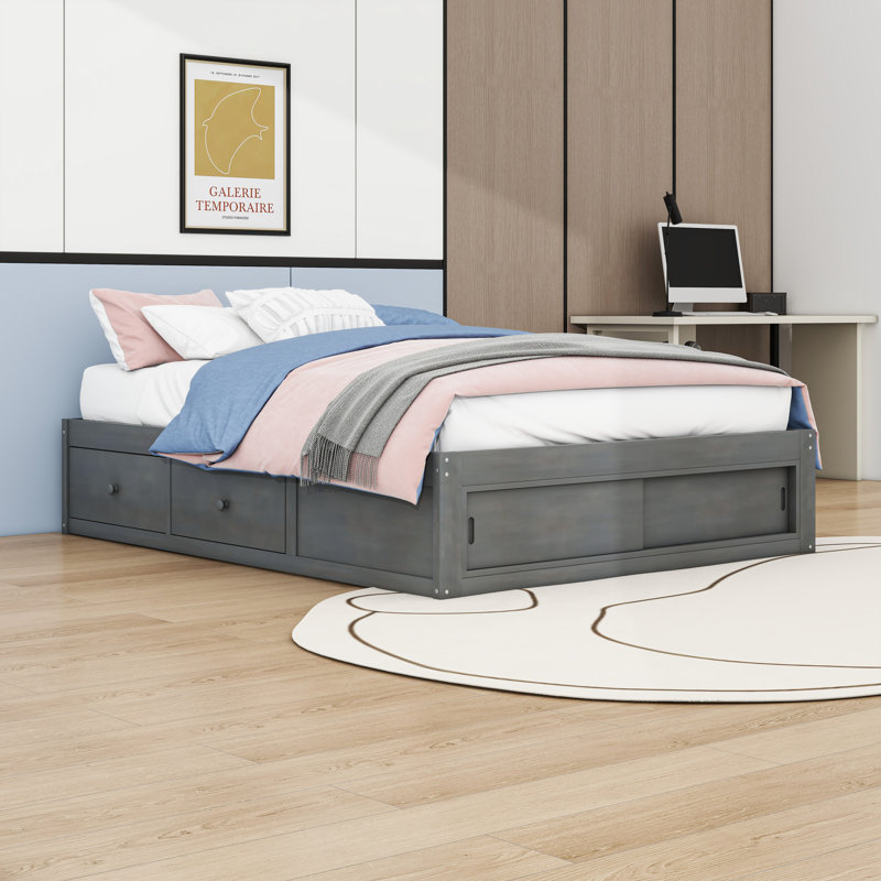 Grand lit plateforme en bois avec 4 tiroirs et casier de rangement, Antique Grey