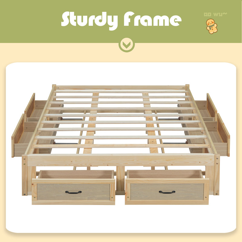 Lit plateforme avec 6 tiroirs de rangement, Naturel antique, Grand lit