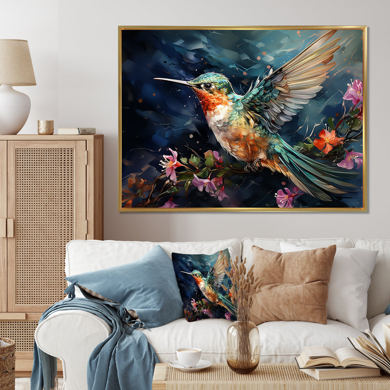 Colibri vert émeraude en fleurs I - Colibri, art mural, Cadre flottant doré, H 16 po x l 32 po x P 1 po