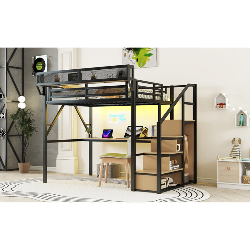 Lit mezzanine double en métal avec bureau peu encombrant, design noir moderne pour les adolescents