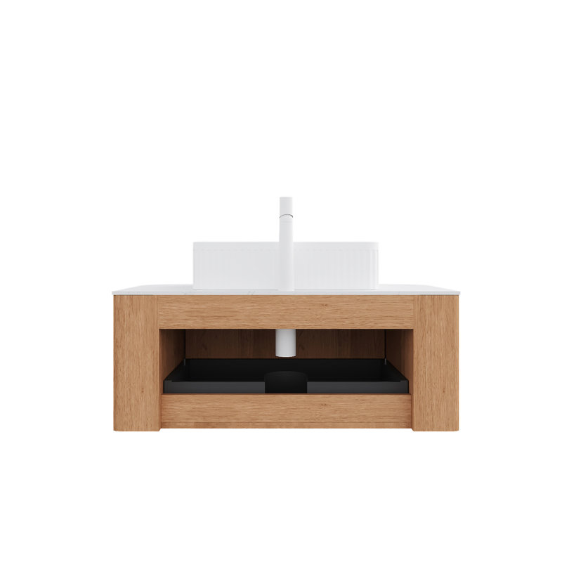 Meuble-lavabo de salle de bain 36 po avec lavabo, armoire de rangement de salle de bain à bords arrondis flottants avec tiroir, lavabo rectangulaire en céramique blanche, sans robinet, pré-assemblé