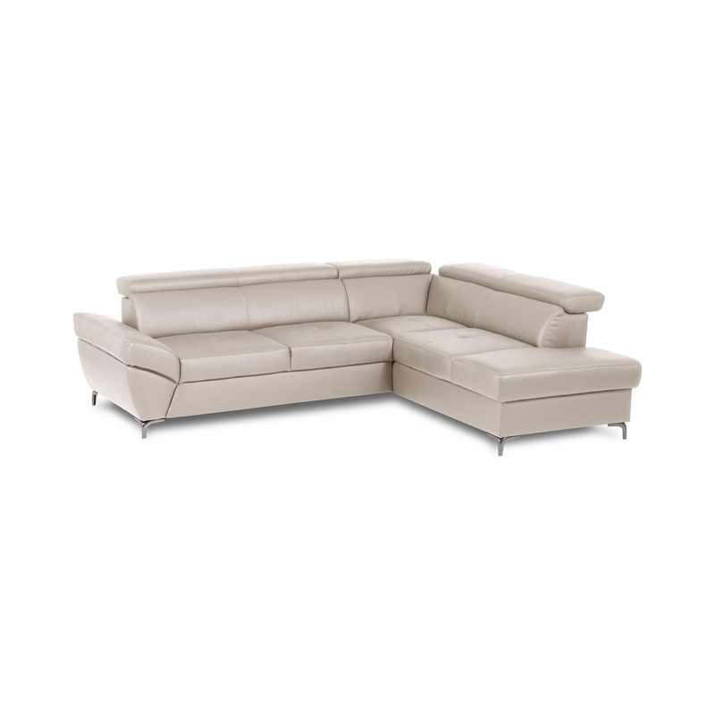 CAPRI Genuine Leather Corner Sofa with Pull-Out Bed and Storage and Adjustable Headrests, Beige, Right Hand Facing