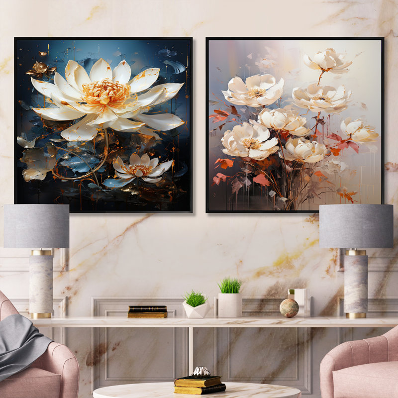 Opulent Reflections Lotus - lot de 2 lotus carrés, Cadre flottant noir, H 16 po x l 33 po
