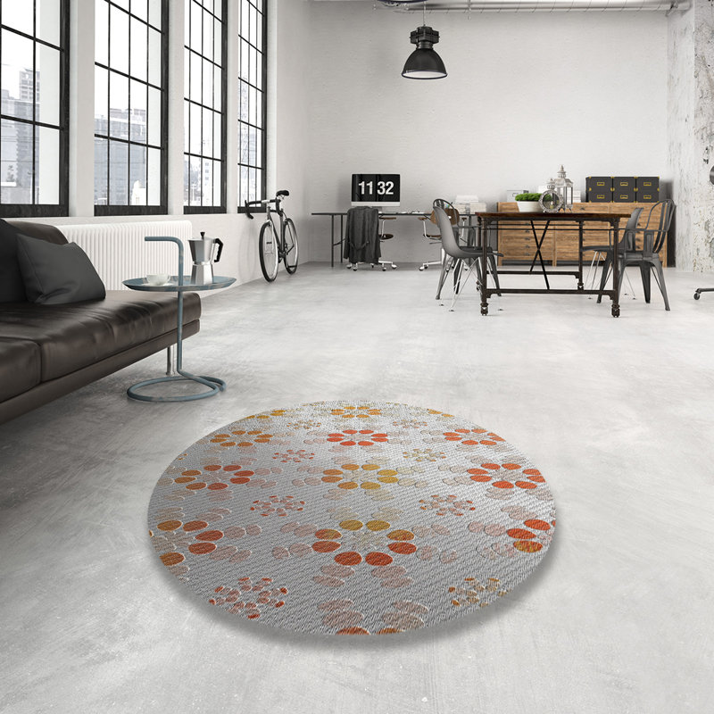 Tapis orange à motif/jaune/gris Zussen, Rond 8 pi