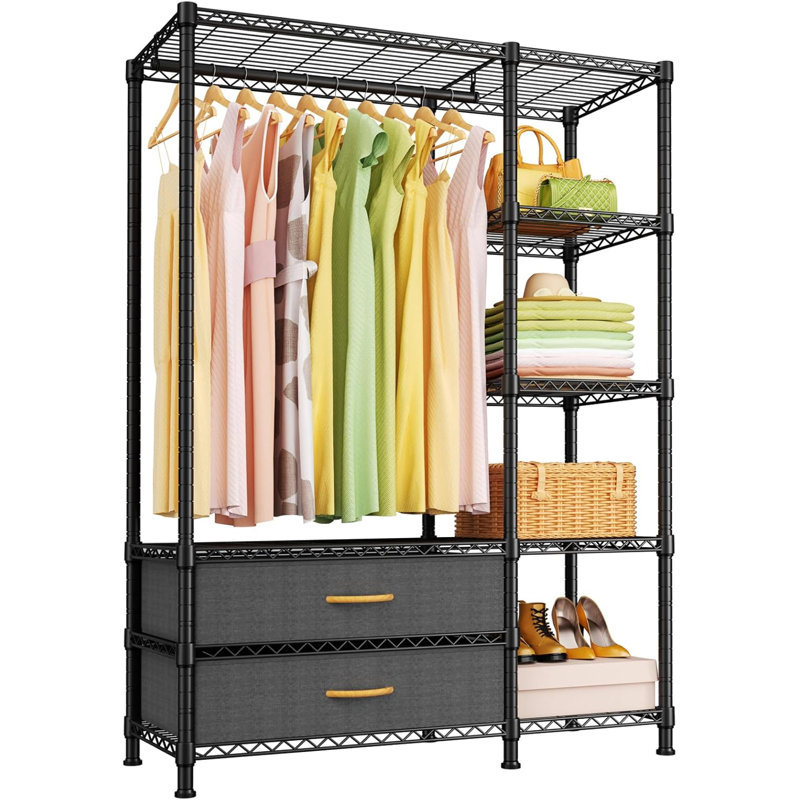 Black Portable Steel Closet System with Fabric Drawers
