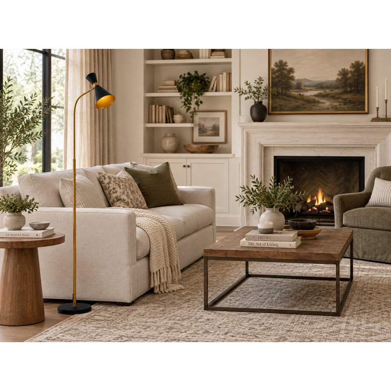 1-Light Black Floor Lamp With Gold Hardware