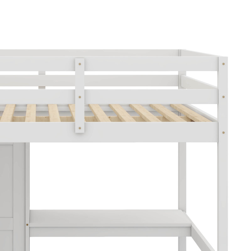 Lit mezzanine double en bois avec garde-robe intégrée, bureau, tablettes de rangement et tiroirs, Blanc