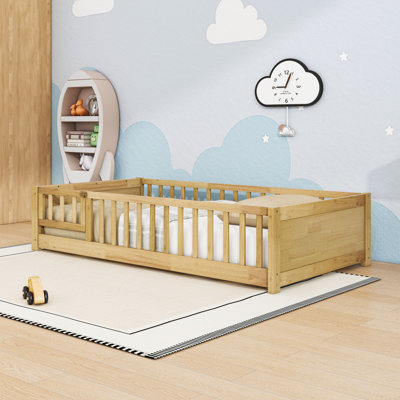 Twin Floor Bed with Fence, Built-In Rack and Door