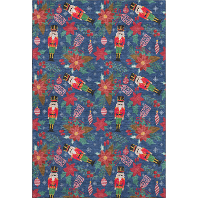 Premium Machine Washable Dockside AMF1822 Nutcracker and Poinsettia Rug