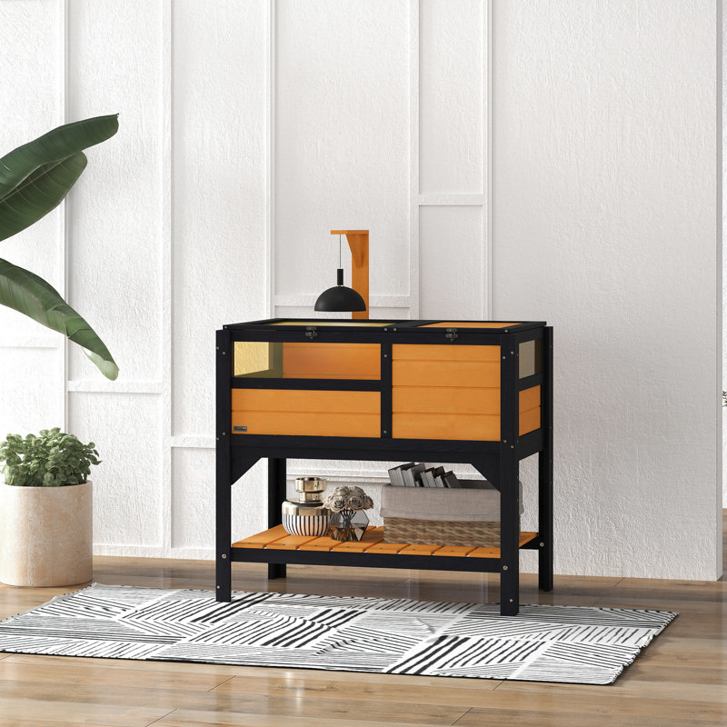 Wooden Tortoise House with Run Shelter Shelf Lamp Holder Yellow