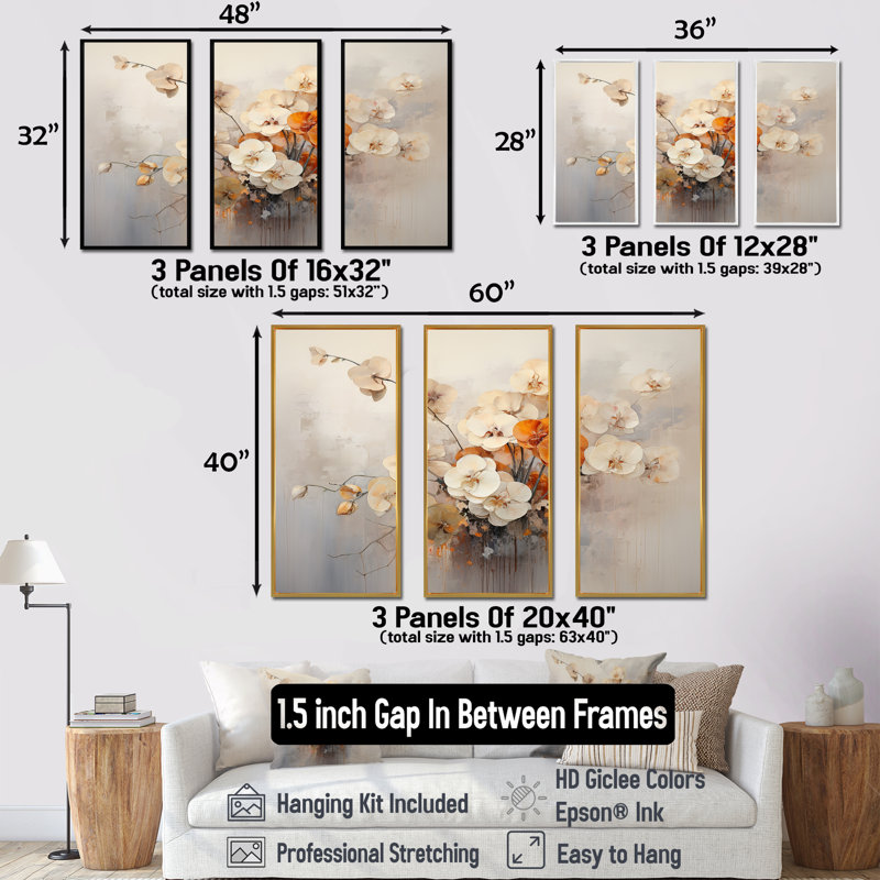 Ensemble de décorations murales beige et orange minimalisme Pansy Delight, H 28 po x l 36 po x P 1 po, Cadre flottant noir