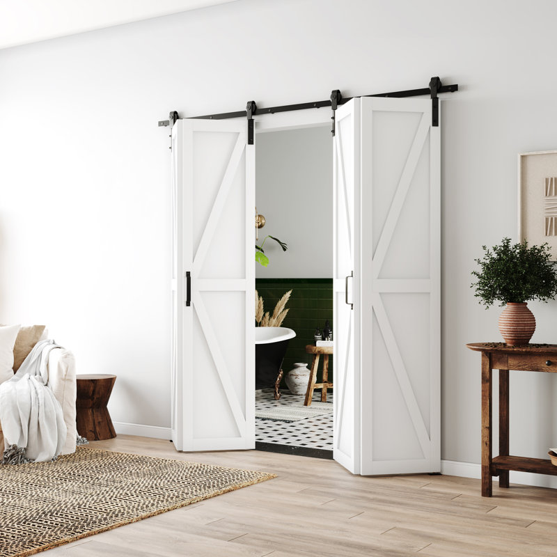 Design moderne en forme de K - Porte de grange pliante en bois manufacturé avec trousse de quincaillerie, 84 po x 84 po