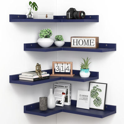 4 Tier Corner Floating Shelves Set of 4, Rustic Pine Wood Corner Shelves for Wall Storage and Decor, L-Shaped Corner Wall Mounted Shelf for Bedroom, Living Room, Bathroom, Kitchen and more - Blue