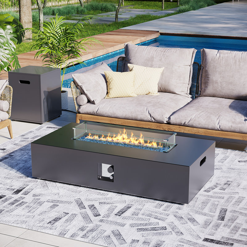 Drumawillin 42-Inch Rectangular Iron Propane Outdoor Fire Pit Table with Tank Cover, Lid, Rain Cover and Wind Guard