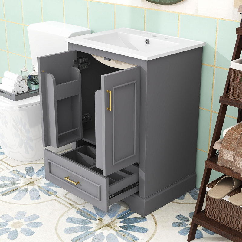Meuble-lavabo en bois avec lavabo, tiroir divisé et 2 portes à fermeture douce