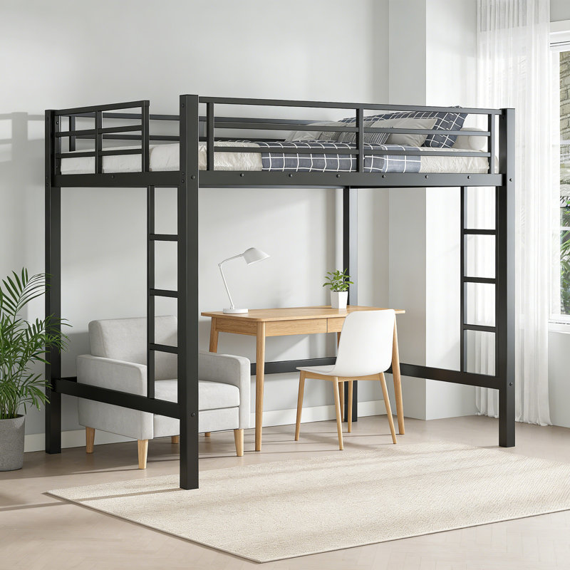 Grand lit mezzanine en métal avec échelle et garde-corps, noir, peu encombrant et durable, Grand lit