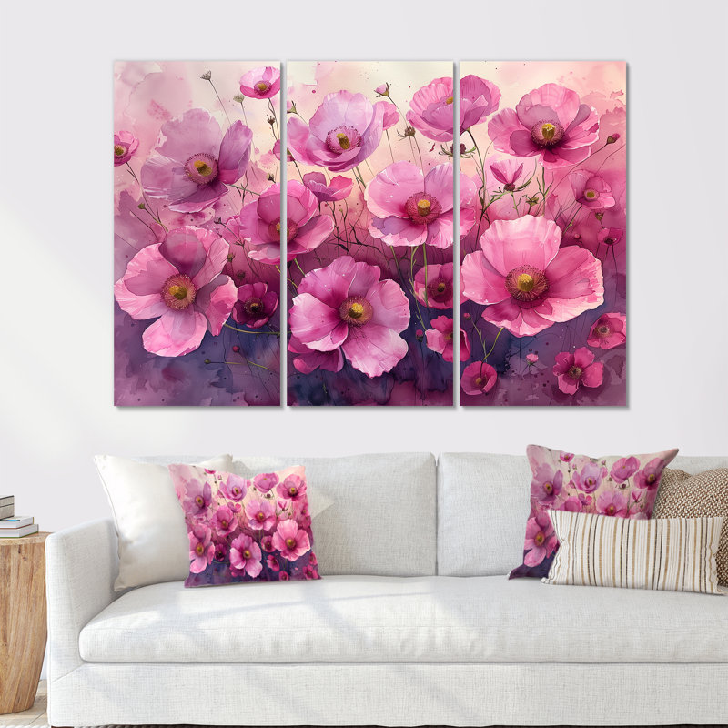 Champs de fleurs de bouton d'or rose "Fields de fleurs de bouton d'or rose" - 3 pièces, Toile tendue, H 28 po x l 36 po