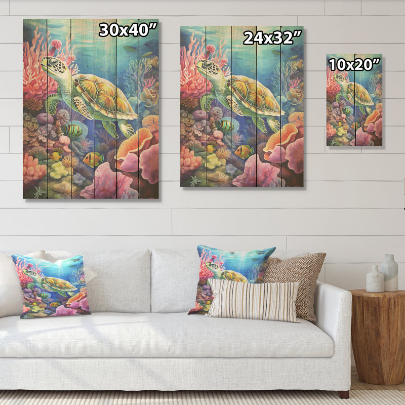 Tortue, vie colorée - corail sous l'eau, art mural sur bois de pin naturel, H 20 po x l 10 po