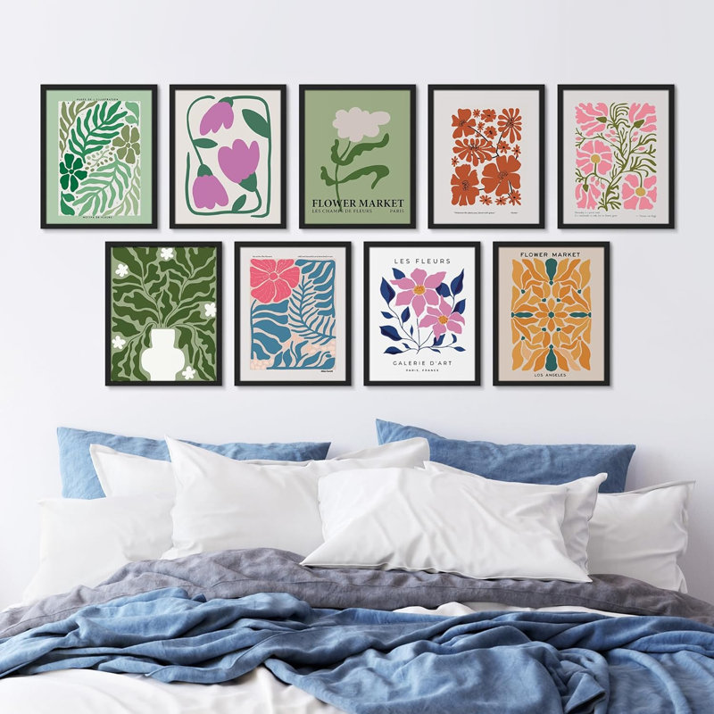 «Multicolor Colorful Vibrant Forest Wildflowers Nature Wilderness Calm Boho», impression sur papier 9 pièces, Cadre noir