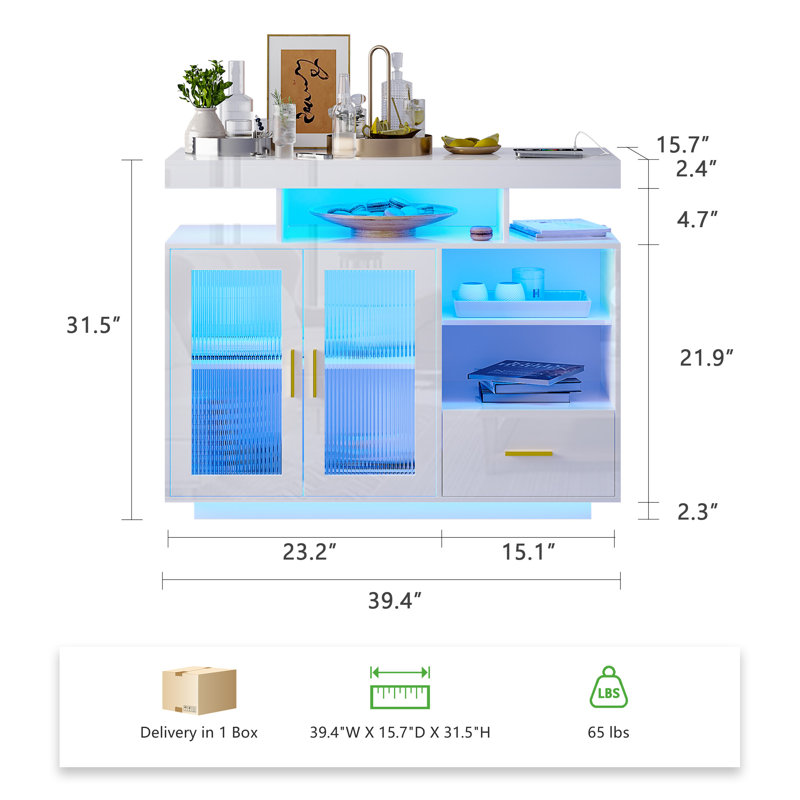 Modern Led Coffee Bar Cabinet And Sideboard With Storage – Ideal For Kitchen, Dining Room Or Living Room, White