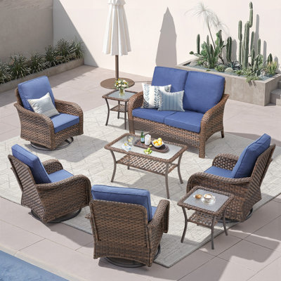 Ensemble de patio extérieur 8 pièces, causeuse en rotin toutes saisons avec chaises pivotantes, ensemble de 4, une table basse et 2 tables d'appoint, ensemble de conversation pour patio, porche, cour arrière