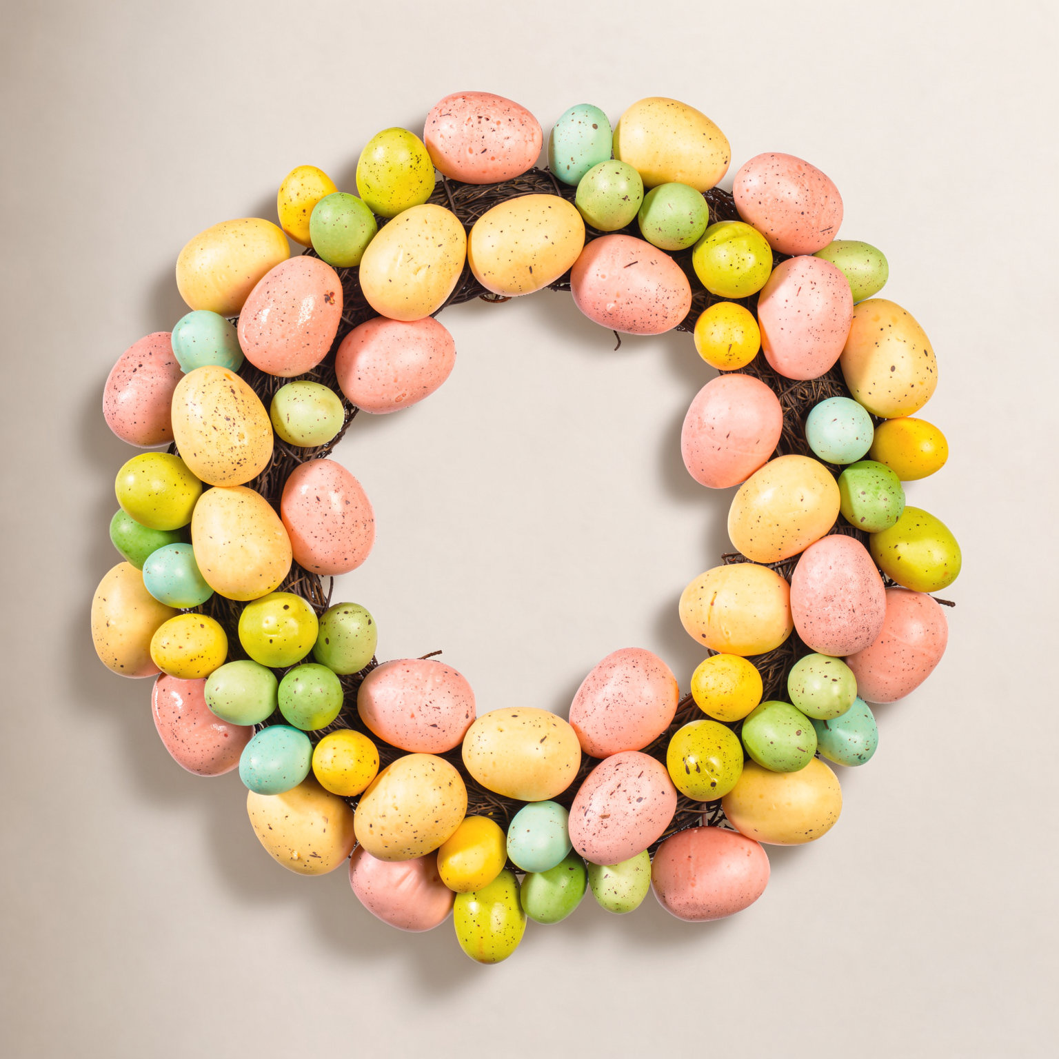 13" Artificial Pastel Easter Egg Wreath on a grapevine base.