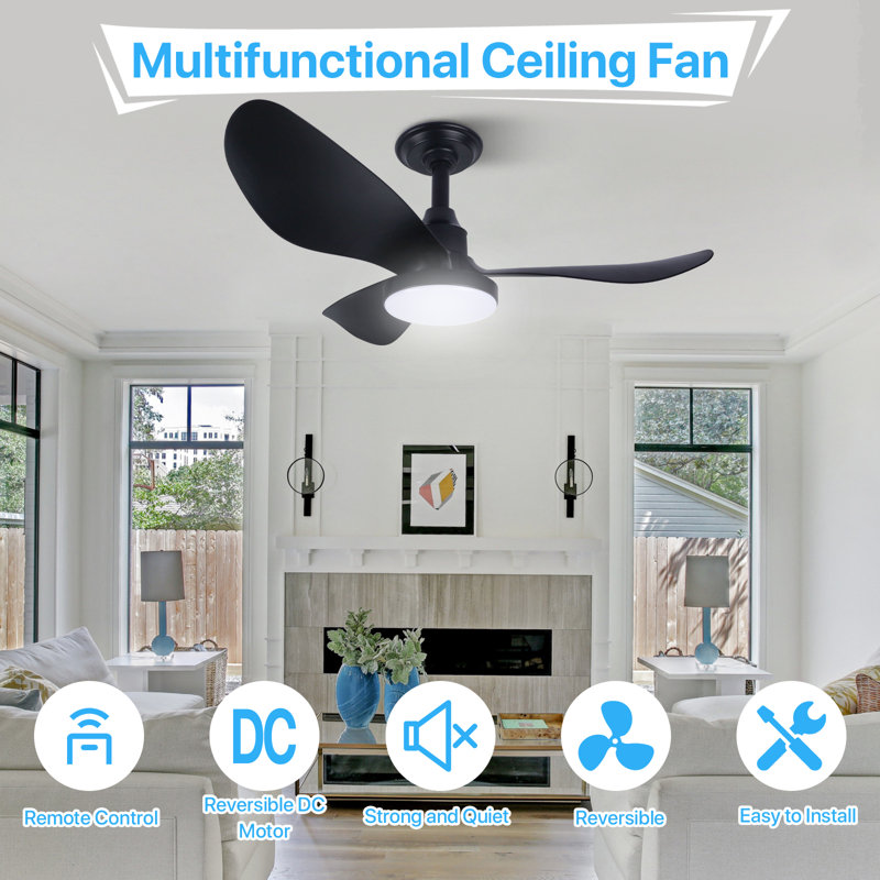32'' 3 - Blade Large Indooor Ceiling Fan With Light Kit and Remote, 3 LED Colours, 6 Speed Noiseless DC Motor, Timer