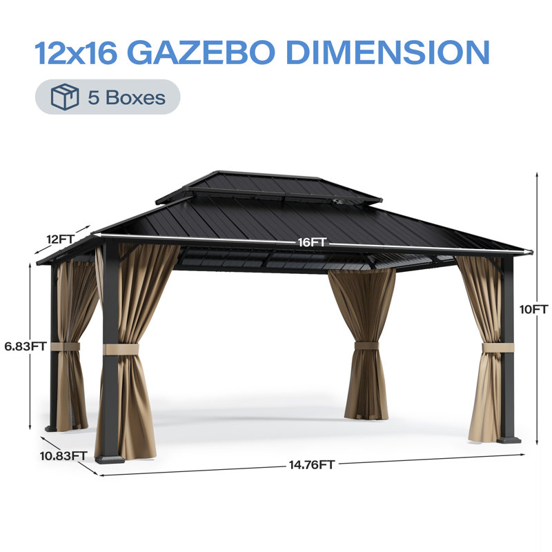 Pavillon de jardin l 10 pi x P 10 pi avec toit en acier galvanisé, filet et rideaux, 12 x 16 pi