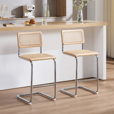 Crumley Natural Rattan 24.3" Counter Stool with Cane Rattan Back and Metal Frame