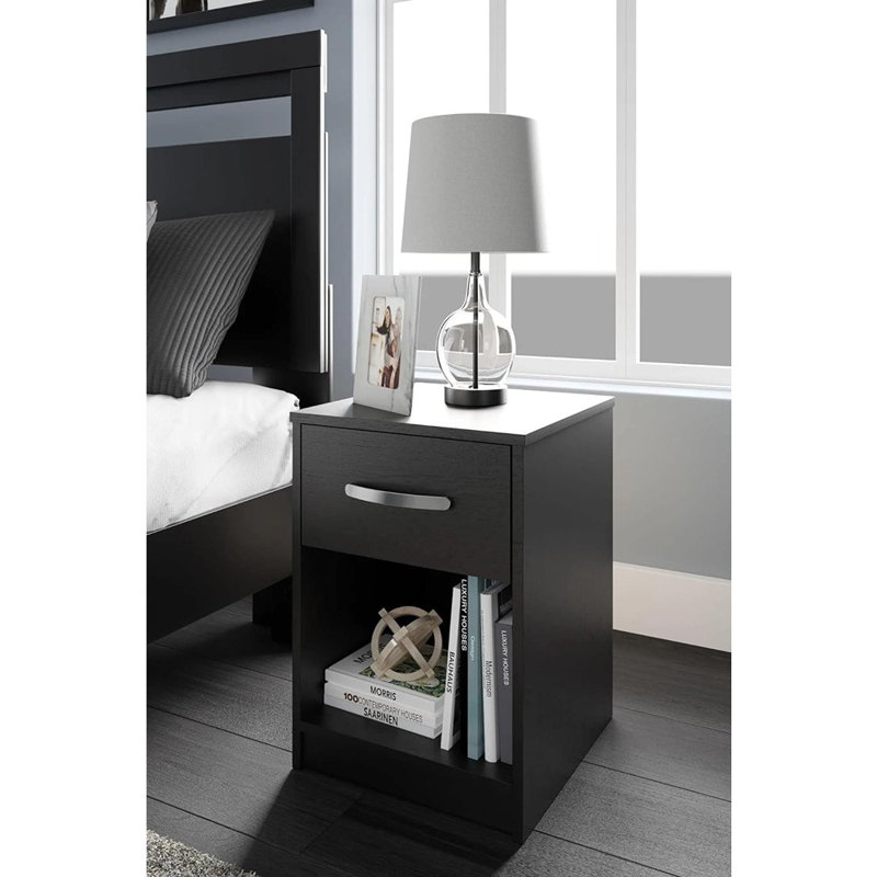 Dymone One Drawer Wood Nightstand, Black, 22.09" H x 15.79" W x 15.83" D