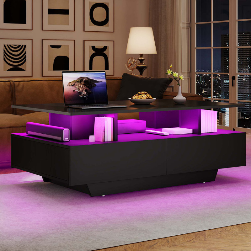 Table basse Hallinan l 35,4 po avec 4 tiroirs et lumières DEL, Noir
