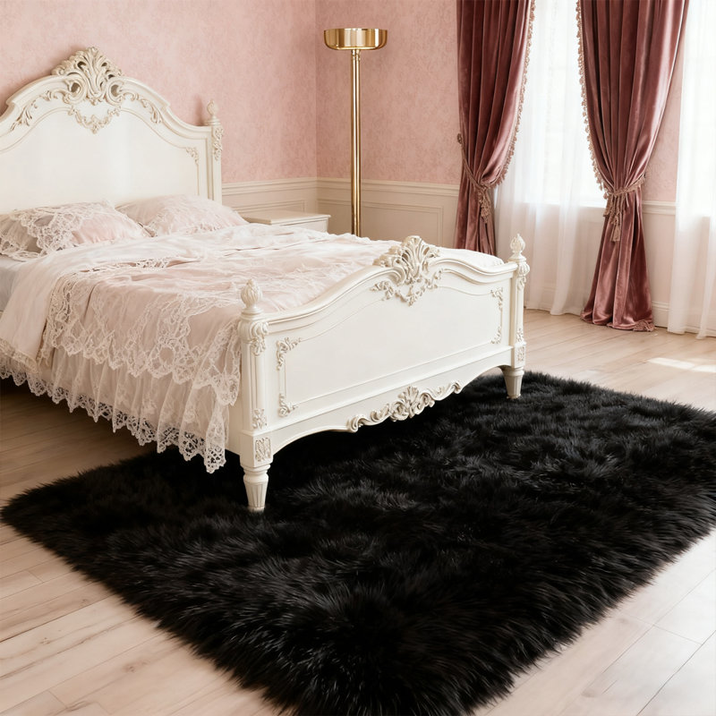 Soft Fluffy Black Faux Sheepskin Area Rug, Rectangle 4' x 6'