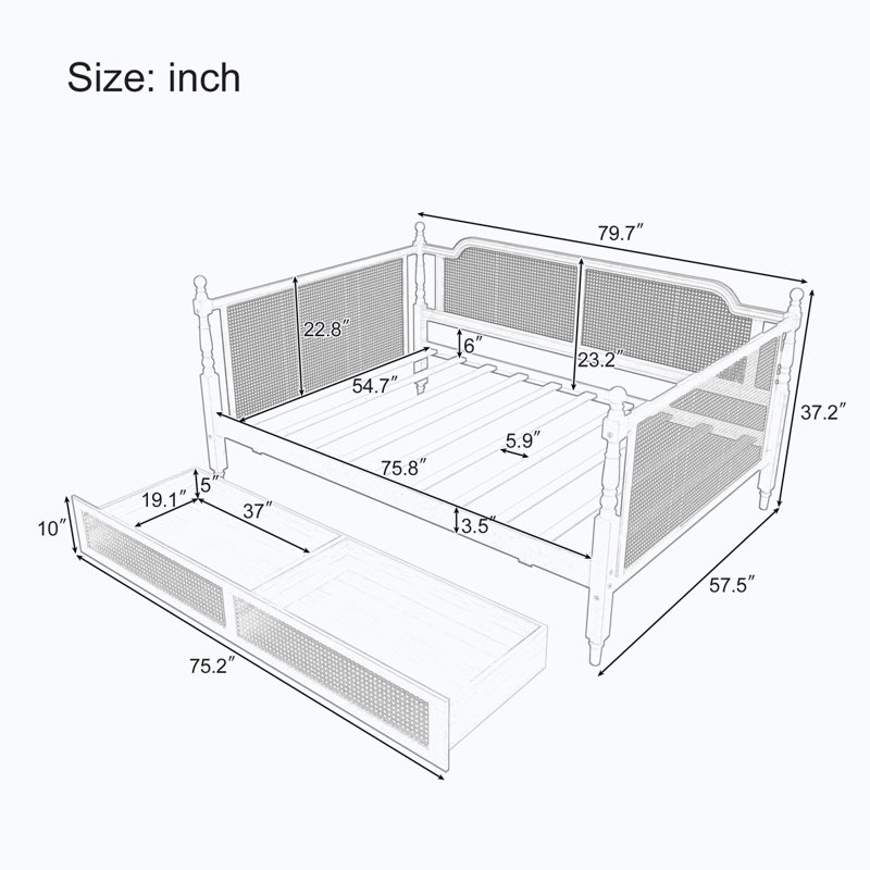 Traditional Style Rattan Daybed with 2 Drawers, Full / Double, White