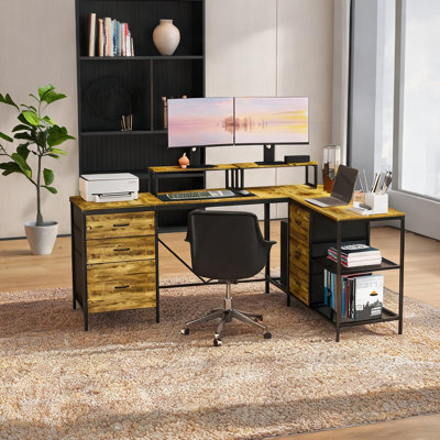 L-shaped Computer Desk, Industrial Home Office, MDF with Brown Finish, 114 Inches Wide, Includes 6 Drawers, Built-In Power Hub and USB-C Ports