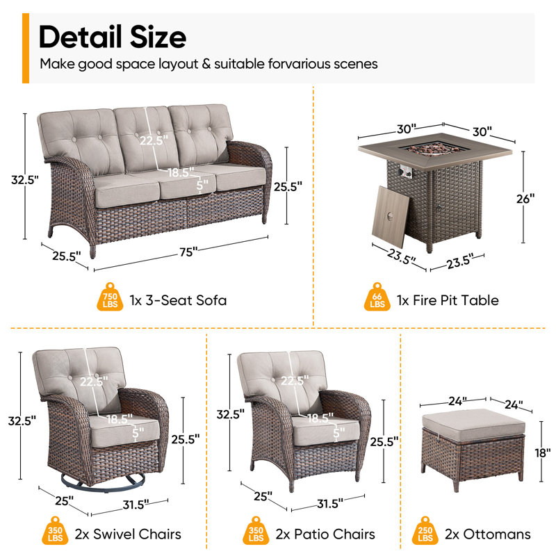 Ensemble de conversation pour patio en osier 8 pièces avec table carrée et chaises pivotantes Teebeck, Beige